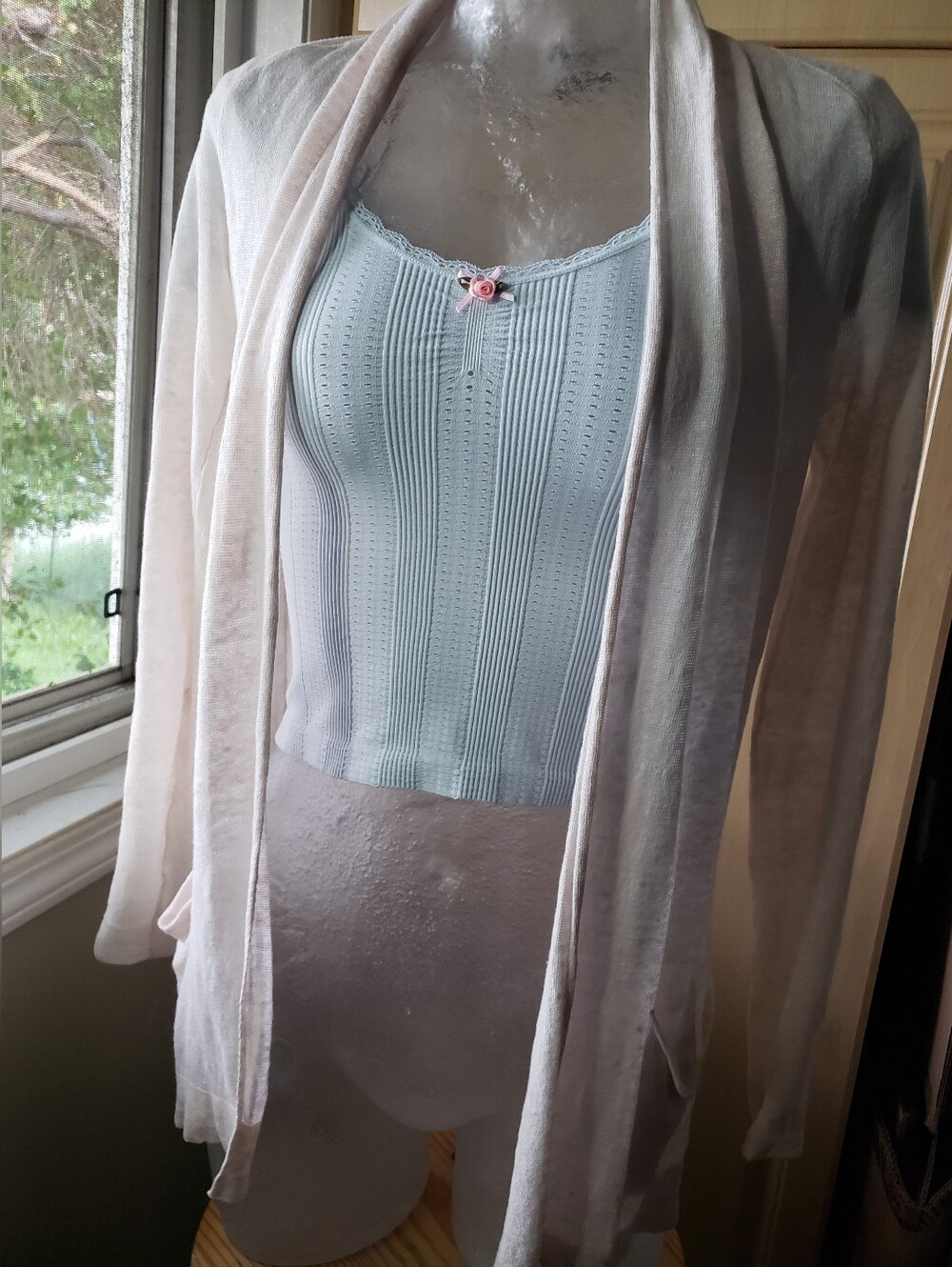 Esprit 100% Linen Cream Knit Open Cardigan With Pockets